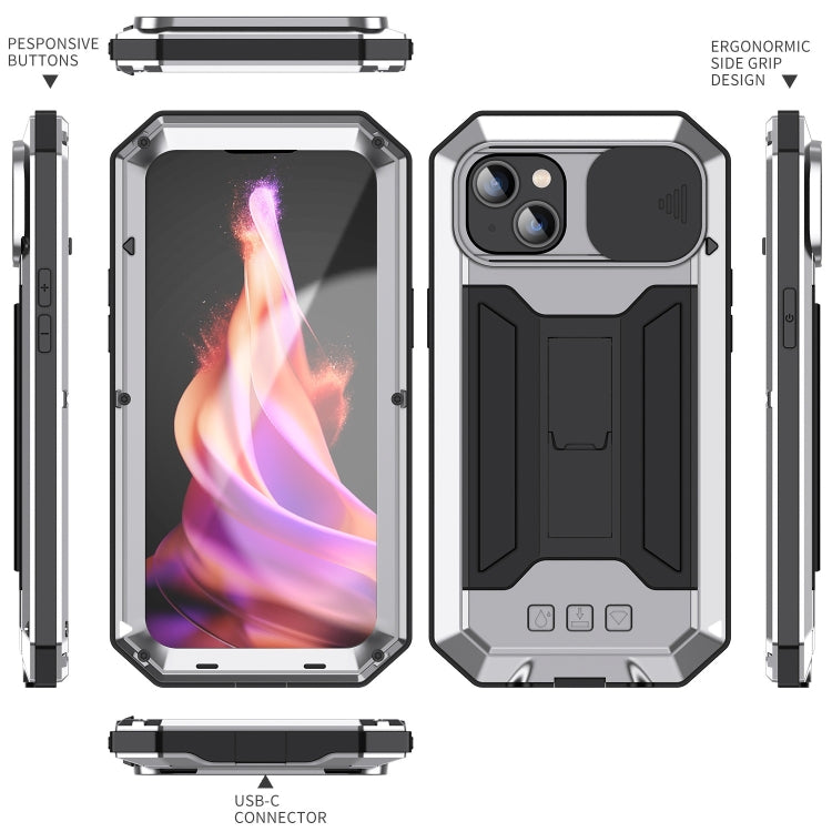 For iPhone 15 R-JUST Sliding Camera IP54 Life Waterproof Holder Phone Case(Silver) - HoMEdemic™ 