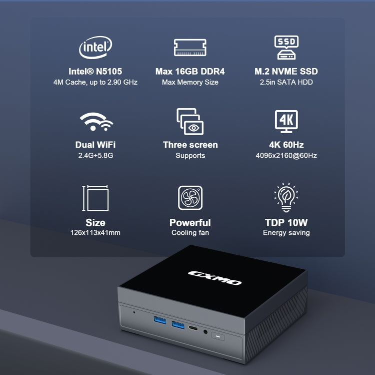 GXMO GX55 Windows 11 Intel N5105 Mini PC NVME SSD WiFi Mini Desktop Computer, Specification:16GB+512GB(Black) - HoMEdemic™ 