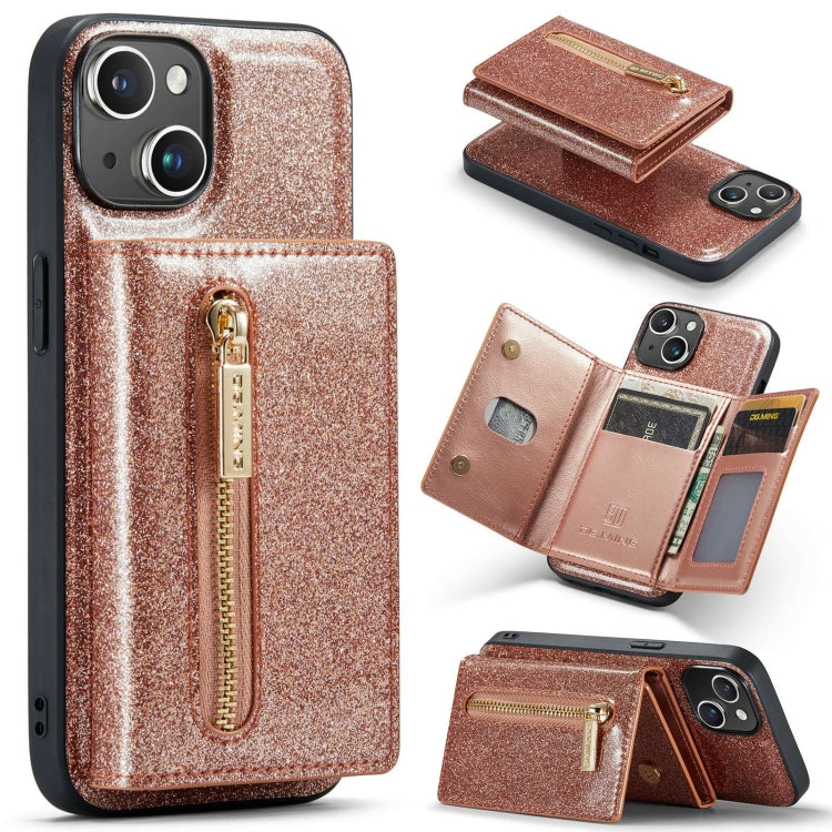 For iPhone 15 DG.MING M3 Series Glitter Powder Card Bag Leather Phone Case(Rose Gold) - HoMEdemic™ 