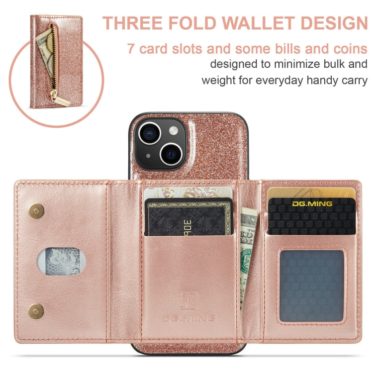 For iPhone 15 DG.MING M3 Series Glitter Powder Card Bag Leather Phone Case(Rose Gold) - HoMEdemic™ 