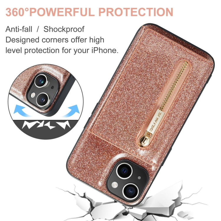 For iPhone 15 DG.MING M3 Series Glitter Powder Card Bag Leather Phone Case(Rose Gold) - HoMEdemic™ 