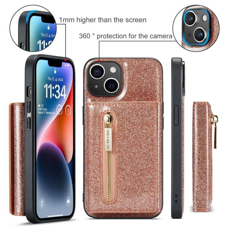For iPhone 15 DG.MING M3 Series Glitter Powder Card Bag Leather Phone Case(Rose Gold) - HoMEdemic™ 