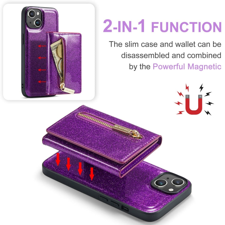 For iPhone 15 DG.MING M3 Series Glitter Powder Card Bag Leather Phone Case(Dark Purple) - HoMEdemic™ 