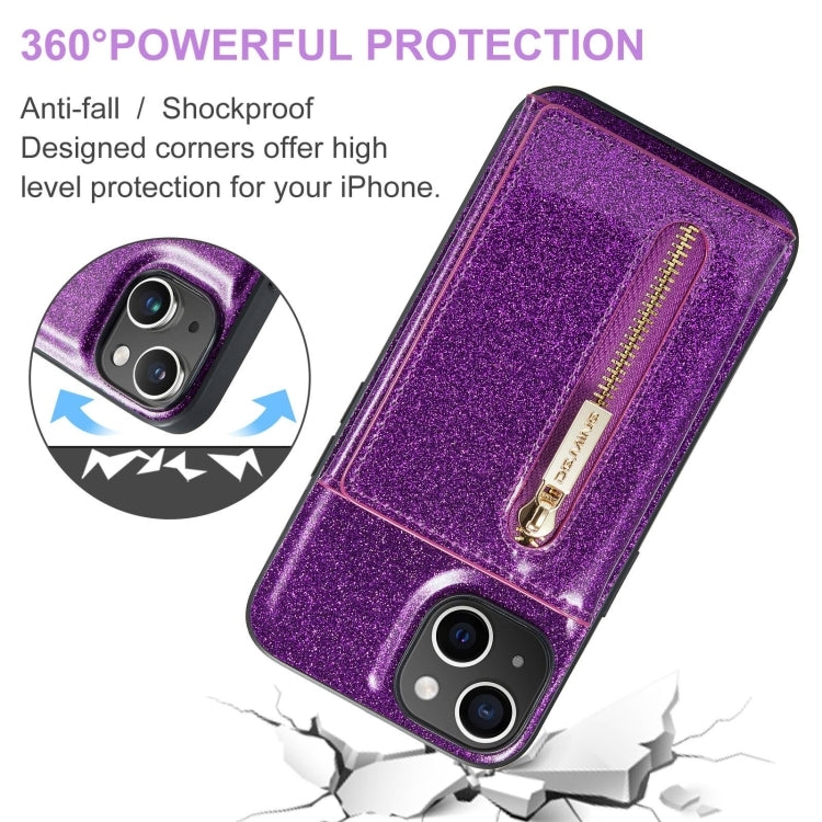 For iPhone 15 DG.MING M3 Series Glitter Powder Card Bag Leather Phone Case(Dark Purple) - HoMEdemic™ 
