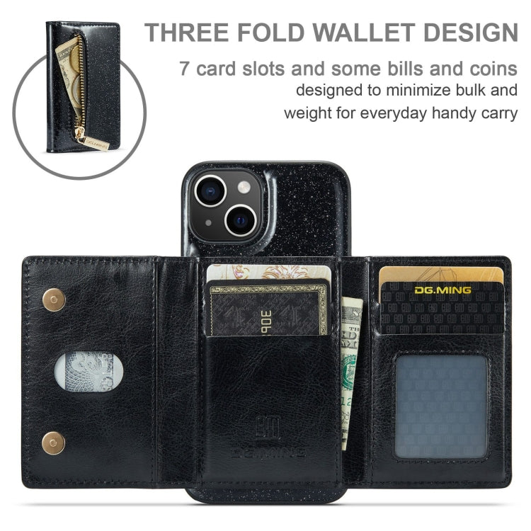 For iPhone 15 Plus DG.MING M3 Series Glitter Powder Card Bag Leather Phone Case(Black) - HoMEdemic™ 