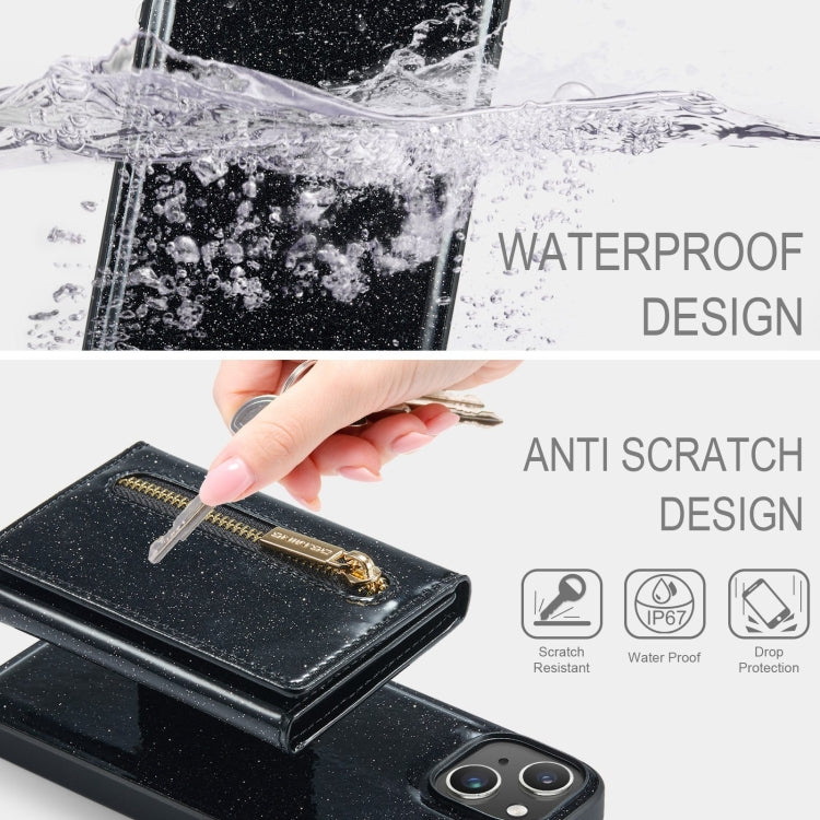 For iPhone 15 Plus DG.MING M3 Series Glitter Powder Card Bag Leather Phone Case(Black) - HoMEdemic™ 