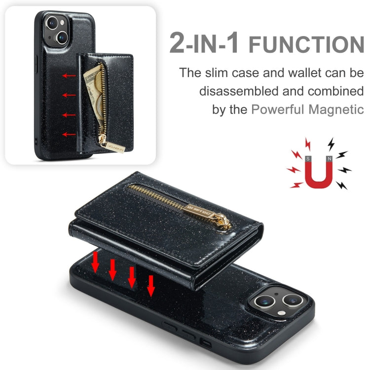 For iPhone 15 Plus DG.MING M3 Series Glitter Powder Card Bag Leather Phone Case(Black) - HoMEdemic™ 