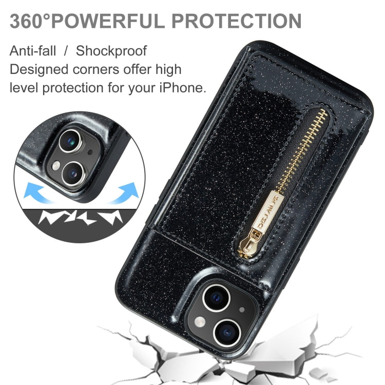 For iPhone 15 Plus DG.MING M3 Series Glitter Powder Card Bag Leather Phone Case(Black) - HoMEdemic™ 