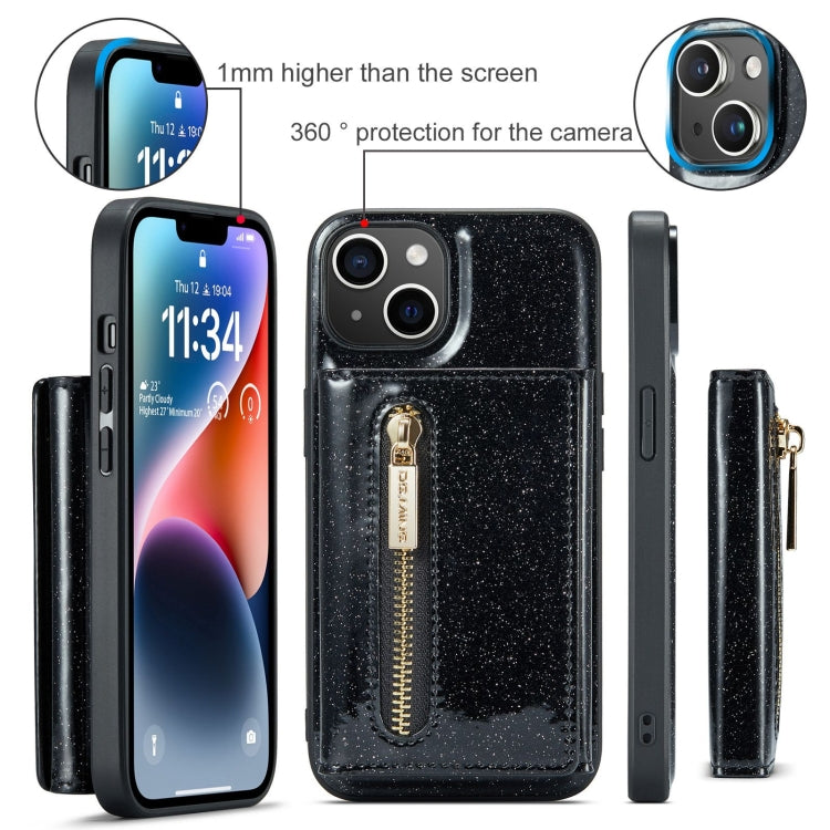 For iPhone 15 Plus DG.MING M3 Series Glitter Powder Card Bag Leather Phone Case(Black) - HoMEdemic™ 