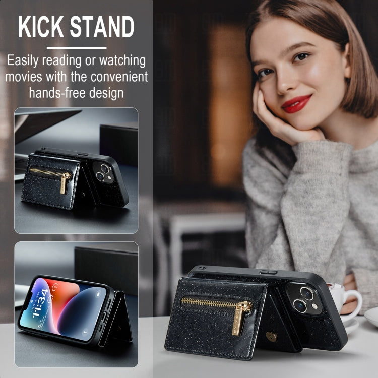 For iPhone 15 Plus DG.MING M3 Series Glitter Powder Card Bag Leather Phone Case(Black) - HoMEdemic™ 