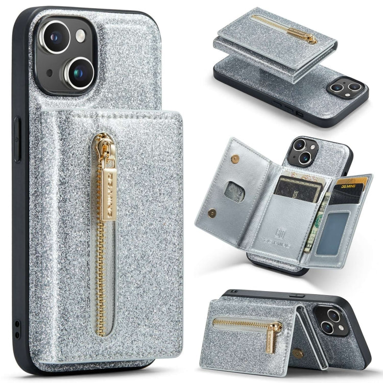 For iPhone 15 Plus DG.MING M3 Series Glitter Powder Card Bag Leather Phone Case(Silver) - HoMEdemic™ 