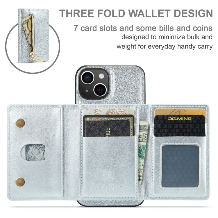 For iPhone 15 Plus DG.MING M3 Series Glitter Powder Card Bag Leather Phone Case(Silver) - HoMEdemic™ 