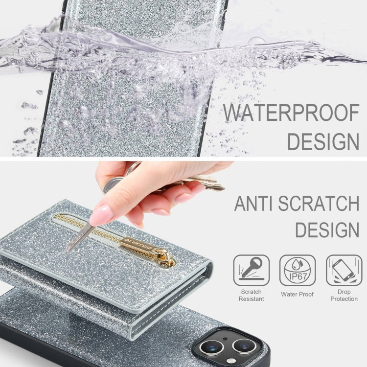 For iPhone 15 Plus DG.MING M3 Series Glitter Powder Card Bag Leather Phone Case(Silver) - HoMEdemic™ 