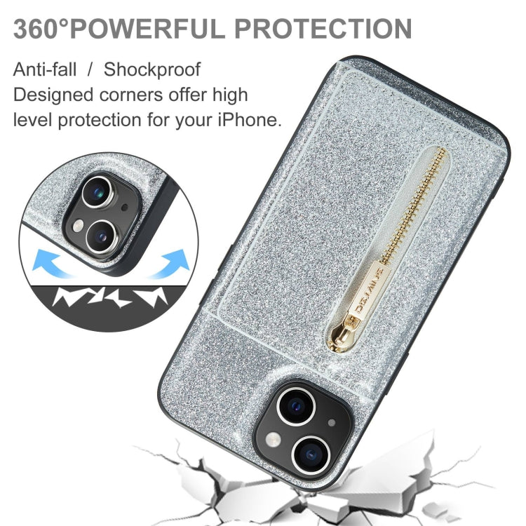 For iPhone 15 Plus DG.MING M3 Series Glitter Powder Card Bag Leather Phone Case(Silver) - HoMEdemic™ 