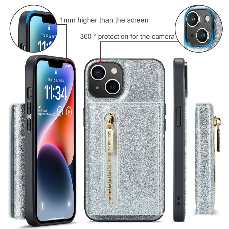 For iPhone 15 Plus DG.MING M3 Series Glitter Powder Card Bag Leather Phone Case(Silver) - HoMEdemic™ 