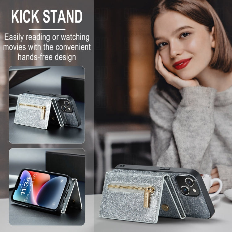 For iPhone 15 Plus DG.MING M3 Series Glitter Powder Card Bag Leather Phone Case(Silver) - HoMEdemic™ 