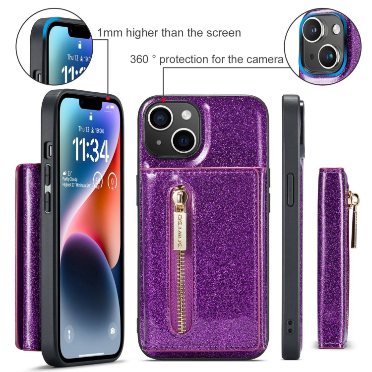 For iPhone 15 Plus DG.MING M3 Series Glitter Powder Card Bag Leather Phone Case(Dark Purple) - HoMEdemic™ 