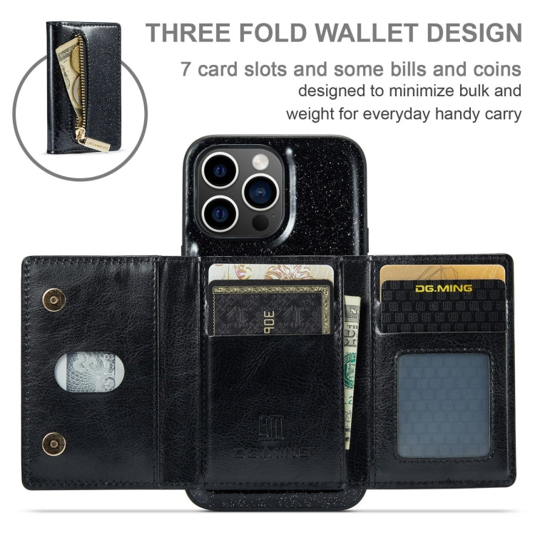 For iPhone 15 Pro Max DG.MING M3 Series Glitter Powder Card Bag Leather Phone Case(Black) - HoMEdemic™ 