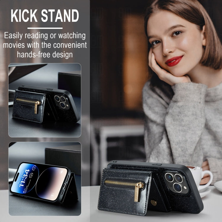 For iPhone 15 Pro Max DG.MING M3 Series Glitter Powder Card Bag Leather Phone Case(Black) - HoMEdemic™ 