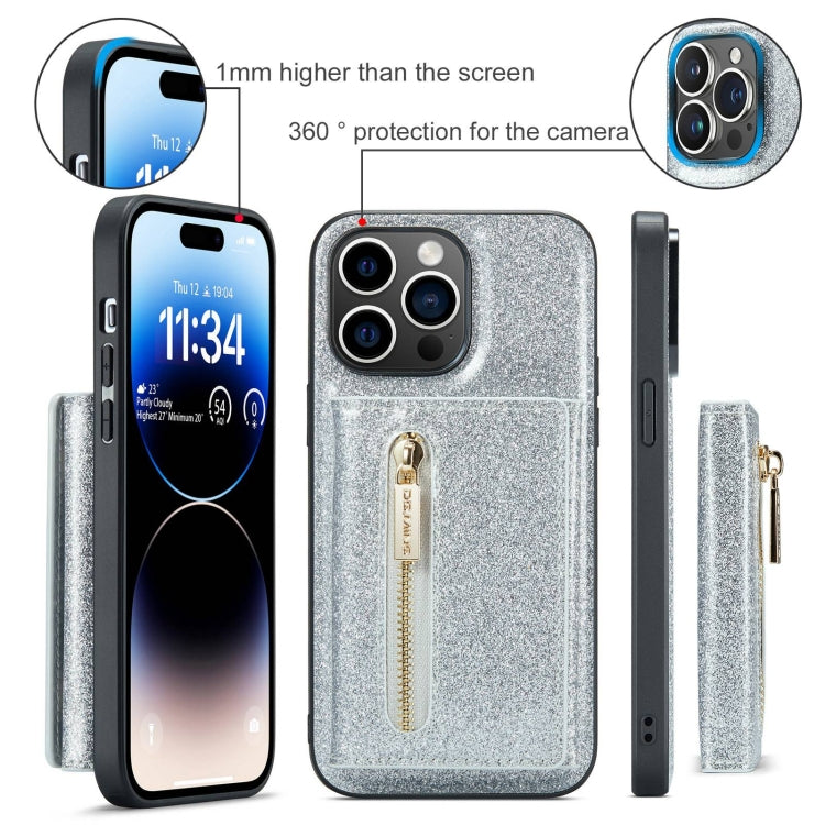 For iPhone 15 Pro Max DG.MING M3 Series Glitter Powder Card Bag Leather Phone Case(Silver) - HoMEdemic™ 