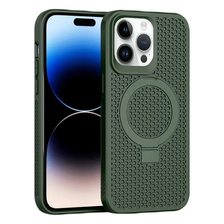 For iPhone 15 Pro Max Skin Feel PC+TPU Cooling Magnetic Magsafe Phone Case with Stand(Dark Green) - HoMEdemic™ 