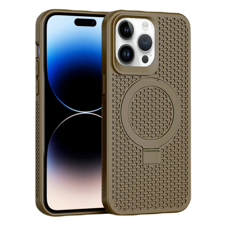 For iPhone 15 Pro Skin Feel PC+TPU Cooling Magnetic Magsafe Phone Case with Stand(Brown) - HoMEdemic™ 