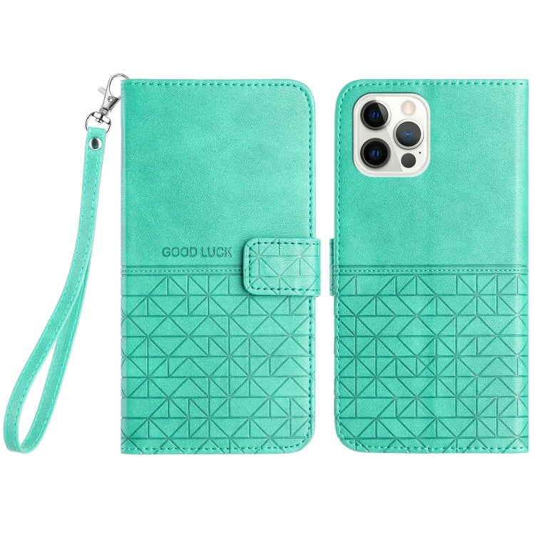 For iPhone 15 Pro Max Rhombic Texture Leather Phone Case with Lanyard(Green) - HoMEdemic™ 
