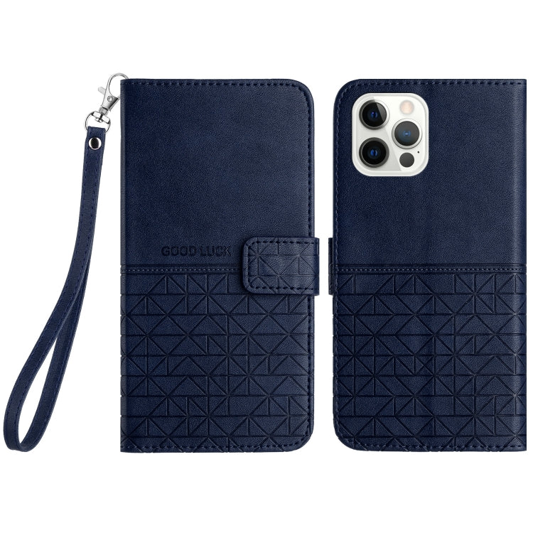 For iPhone 15 Pro Max Rhombic Texture Leather Phone Case with Lanyard(Blue) - HoMEdemic™ 
