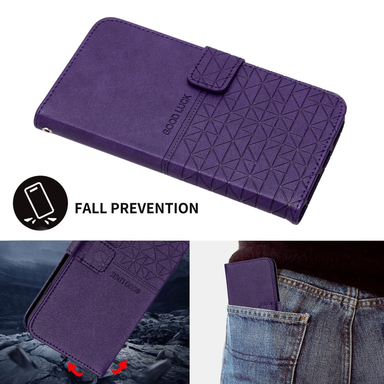 For iPhone 15 Pro Rhombic Texture Leather Phone Case with Lanyard(Purple) - HoMEdemic™ 