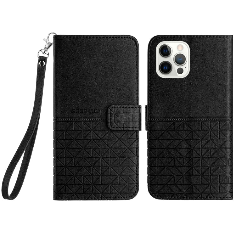For iPhone 15 Pro Rhombic Texture Leather Phone Case with Lanyard(Black) - HoMEdemic™ 