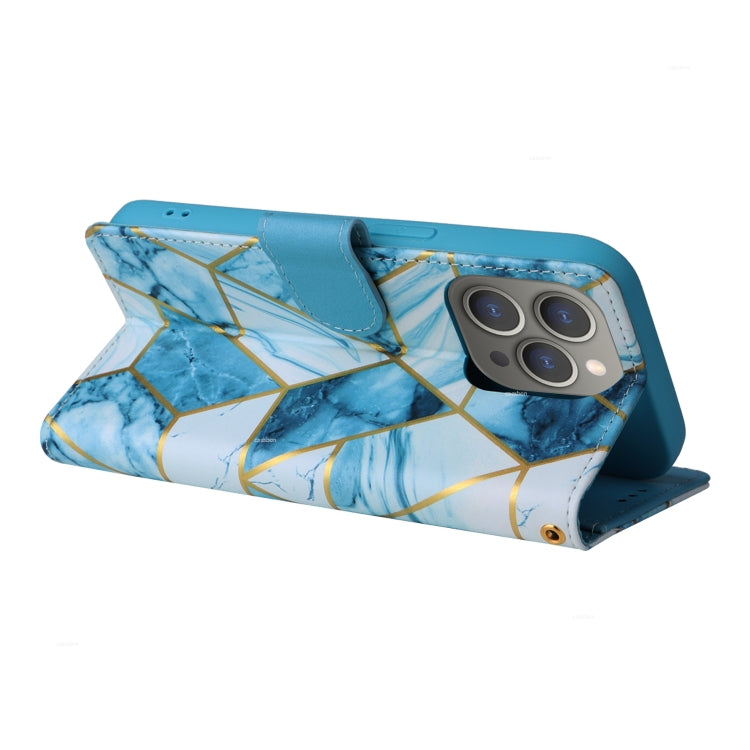 For iPhone 15 Pro Max Marble Bronzing Stitching Leather Phone Case(Blue) - HoMEdemic™ 