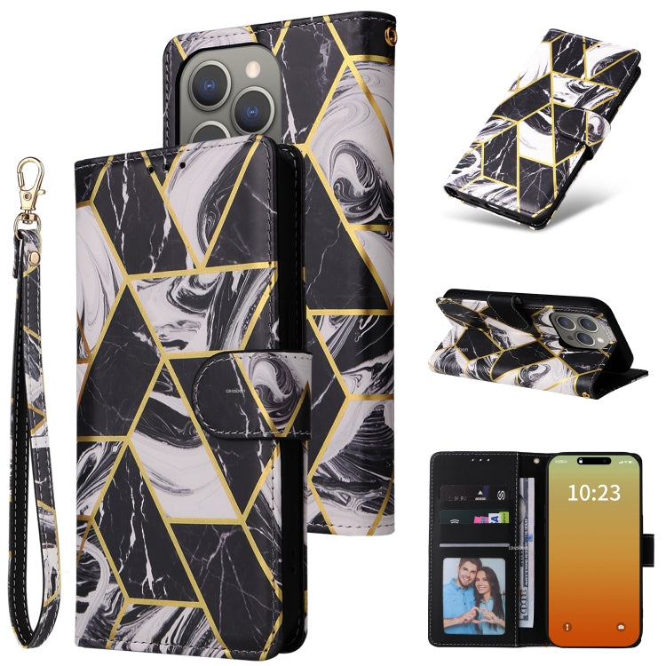For iPhone 15 Pro Marble Bronzing Stitching Leather Phone Case(Black) - HoMEdemic™ 