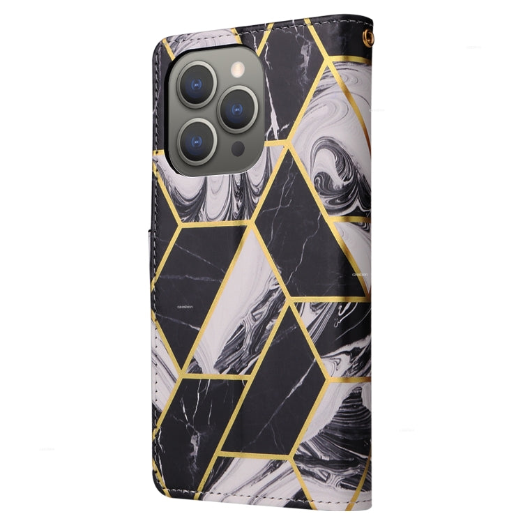 For iPhone 15 Pro Marble Bronzing Stitching Leather Phone Case(Black) - HoMEdemic™ 