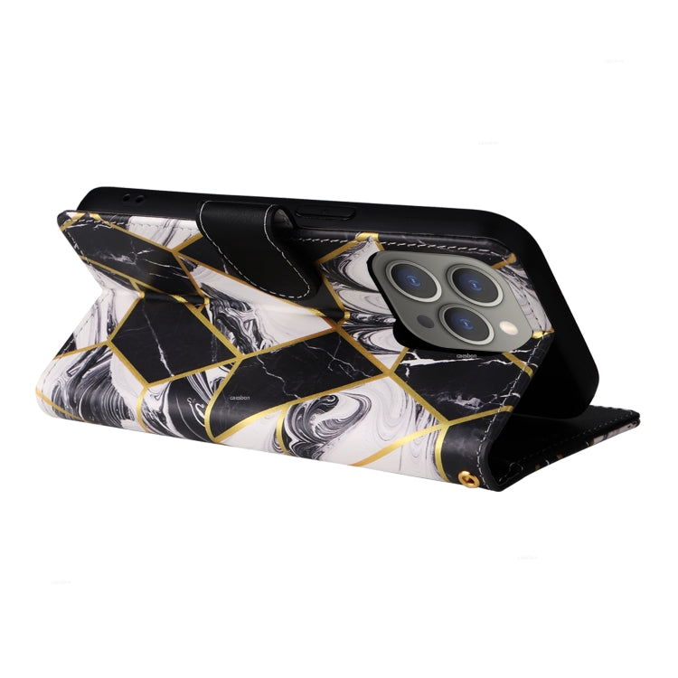 For iPhone 15 Pro Marble Bronzing Stitching Leather Phone Case(Black) - HoMEdemic™ 