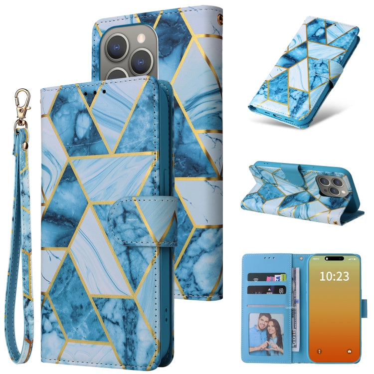 For iPhone 15 Pro Marble Bronzing Stitching Leather Phone Case(Blue) - HoMEdemic™ 