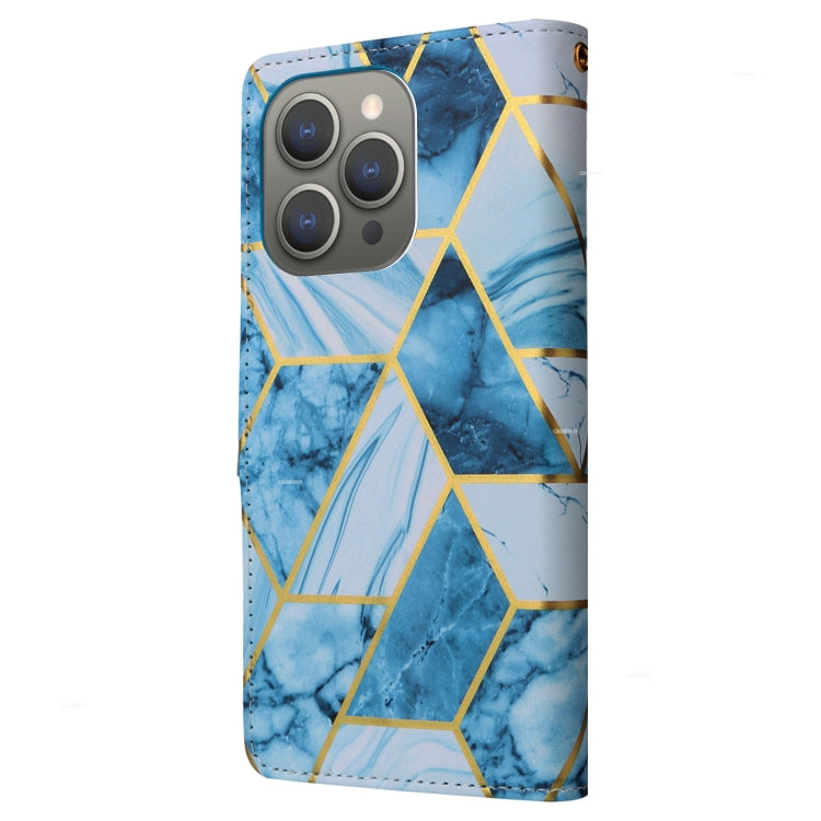 For iPhone 15 Pro Marble Bronzing Stitching Leather Phone Case(Blue) - HoMEdemic™ 