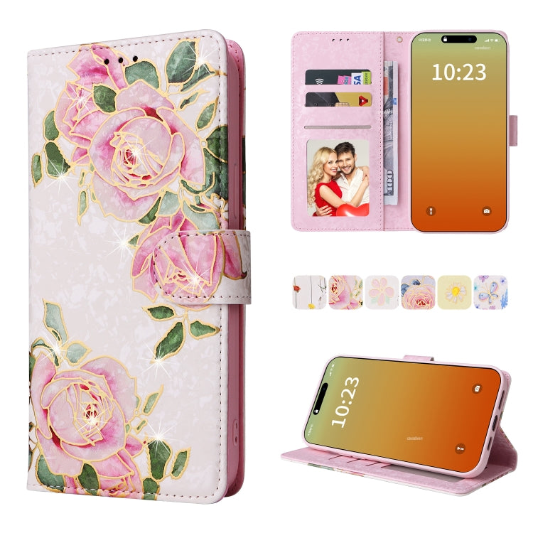 For iPhone 15 Pro Bronzing Painting RFID Leather Case(Rose Flower) - HoMEdemic™ 