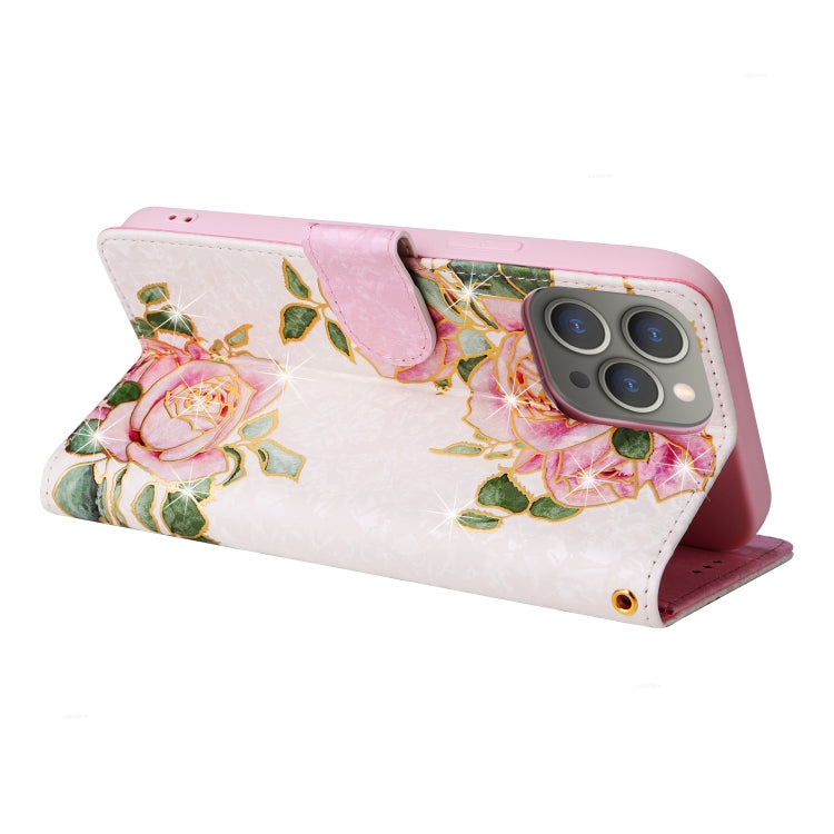 For iPhone 15 Pro Bronzing Painting RFID Leather Case(Rose Flower) - HoMEdemic™ 