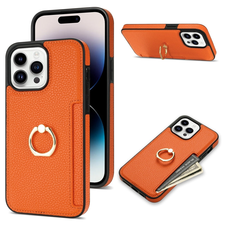 For iPhone 15 Pro Max Ring Card  Litchi Leather Back Phone Case(Orange) - HoMEdemic™ 