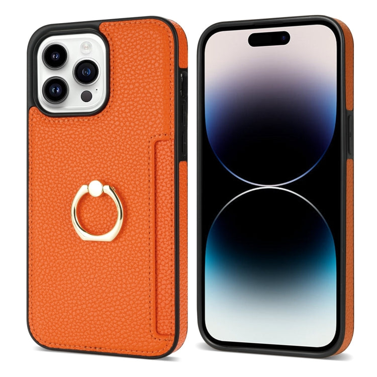 For iPhone 15 Pro Max Ring Card  Litchi Leather Back Phone Case(Orange) - HoMEdemic™ 