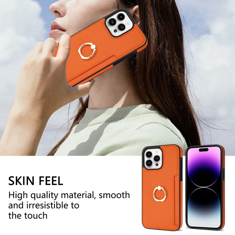 For iPhone 15 Pro Max Ring Card  Litchi Leather Back Phone Case(Orange) - HoMEdemic™ 