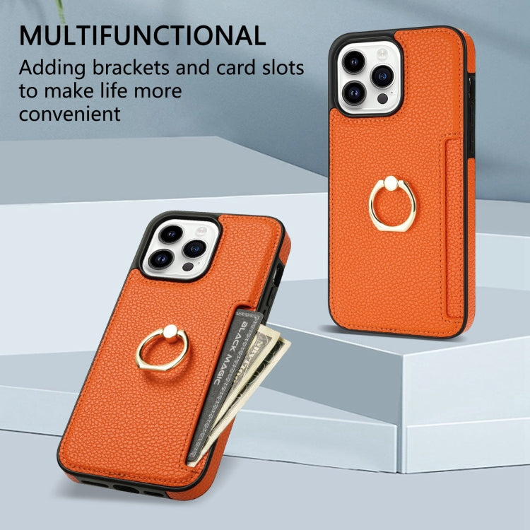 For iPhone 15 Pro Max Ring Card  Litchi Leather Back Phone Case(Orange) - HoMEdemic™ 