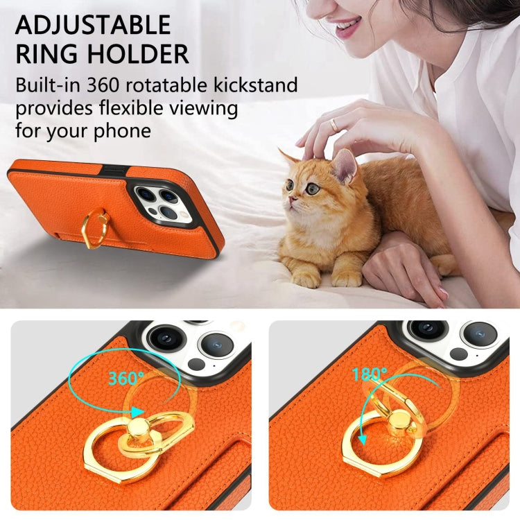 For iPhone 15 Pro Max Ring Card  Litchi Leather Back Phone Case(Orange) - HoMEdemic™ 