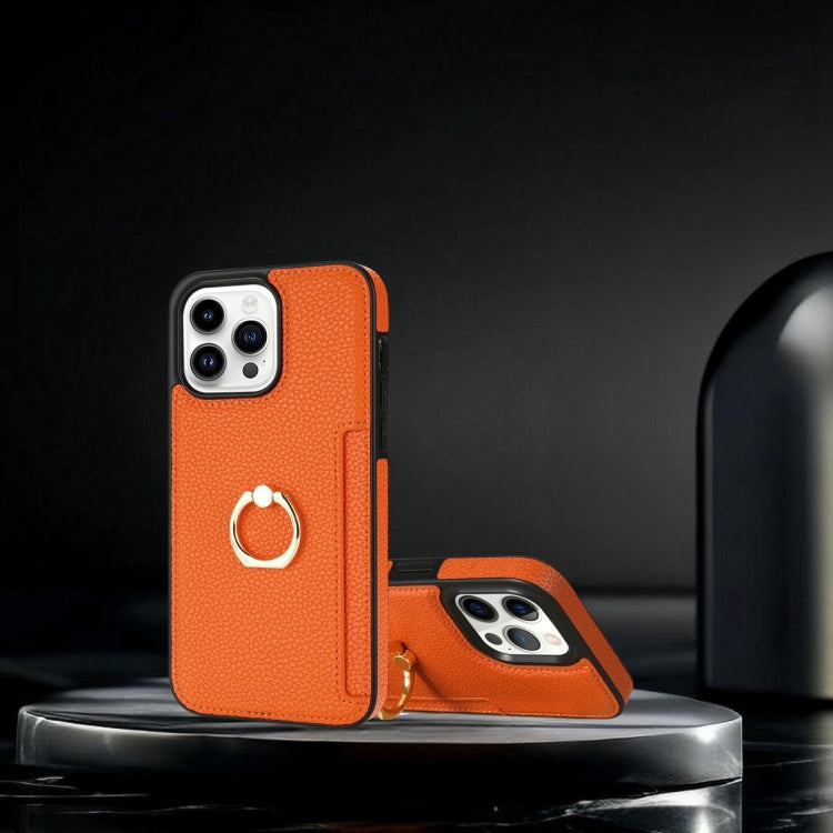 For iPhone 15 Pro Max Ring Card  Litchi Leather Back Phone Case(Orange) - HoMEdemic™ 
