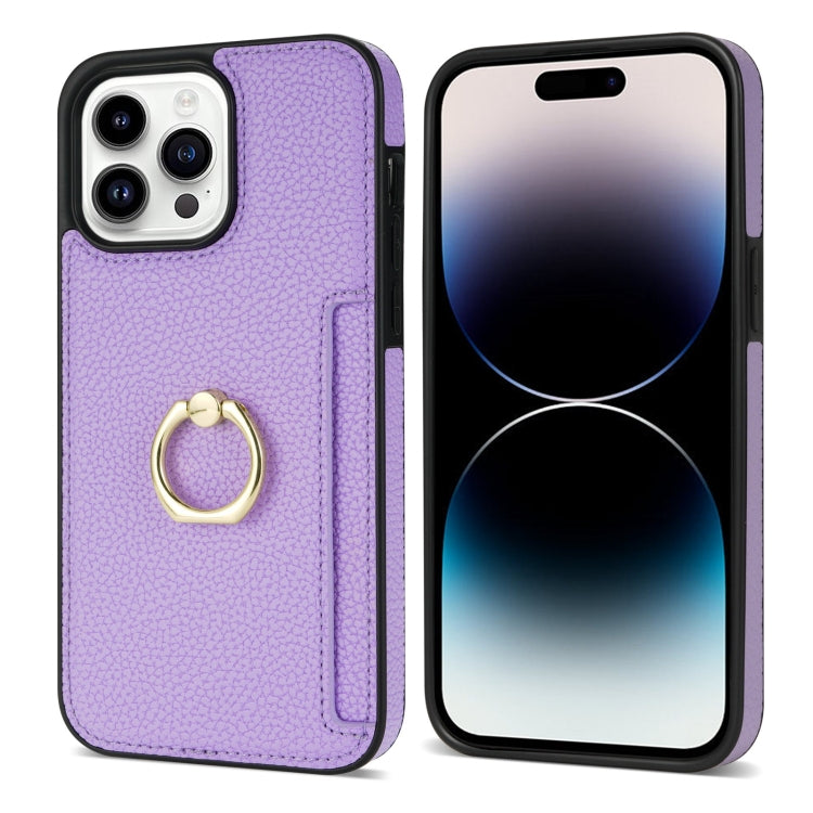 For iPhone 15 Pro Max Ring Card  Litchi Leather Back Phone Case(Purple) - HoMEdemic™ 