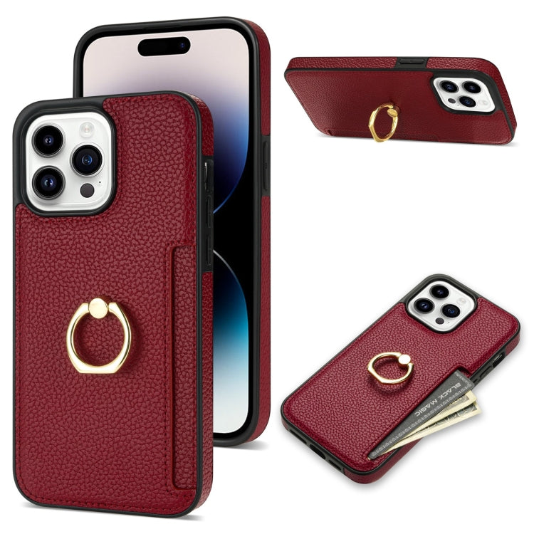 For iPhone 15 Pro Ring Card  Litchi Leather Back Phone Case(Red) - HoMEdemic™ 