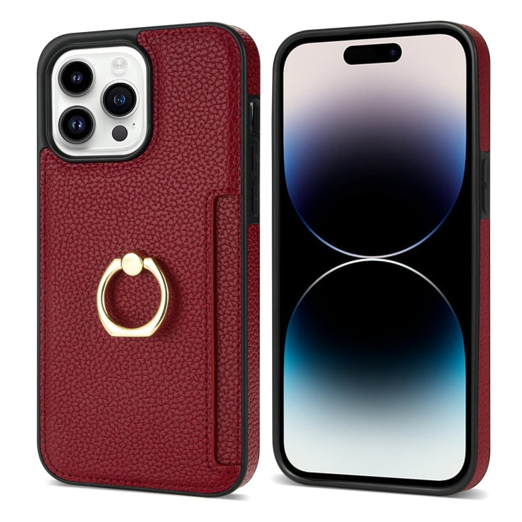 For iPhone 15 Pro Ring Card  Litchi Leather Back Phone Case(Red) - HoMEdemic™ 