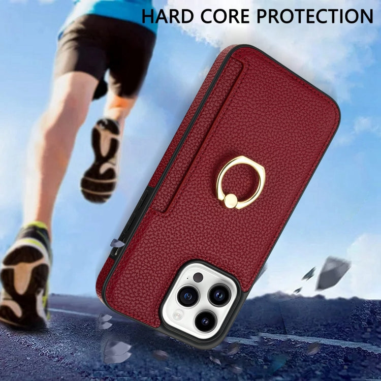 For iPhone 15 Pro Ring Card  Litchi Leather Back Phone Case(Red) - HoMEdemic™ 