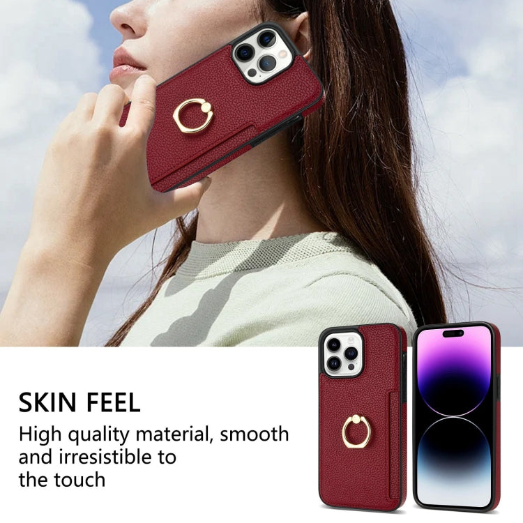 For iPhone 15 Pro Ring Card  Litchi Leather Back Phone Case(Red) - HoMEdemic™ 