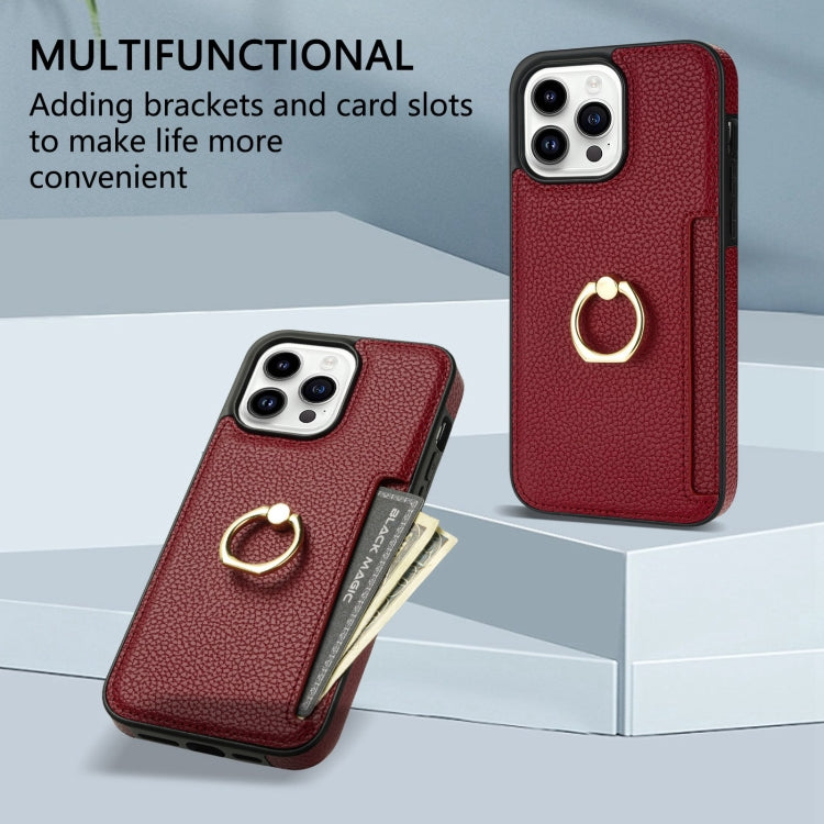 For iPhone 15 Pro Ring Card  Litchi Leather Back Phone Case(Red) - HoMEdemic™ 